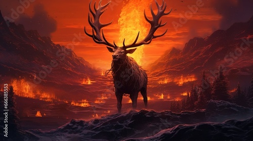 An anthropomorphic elk with massive curved antlers surrounded by flames of fire, created using Generative Ai technology. © Viktor
