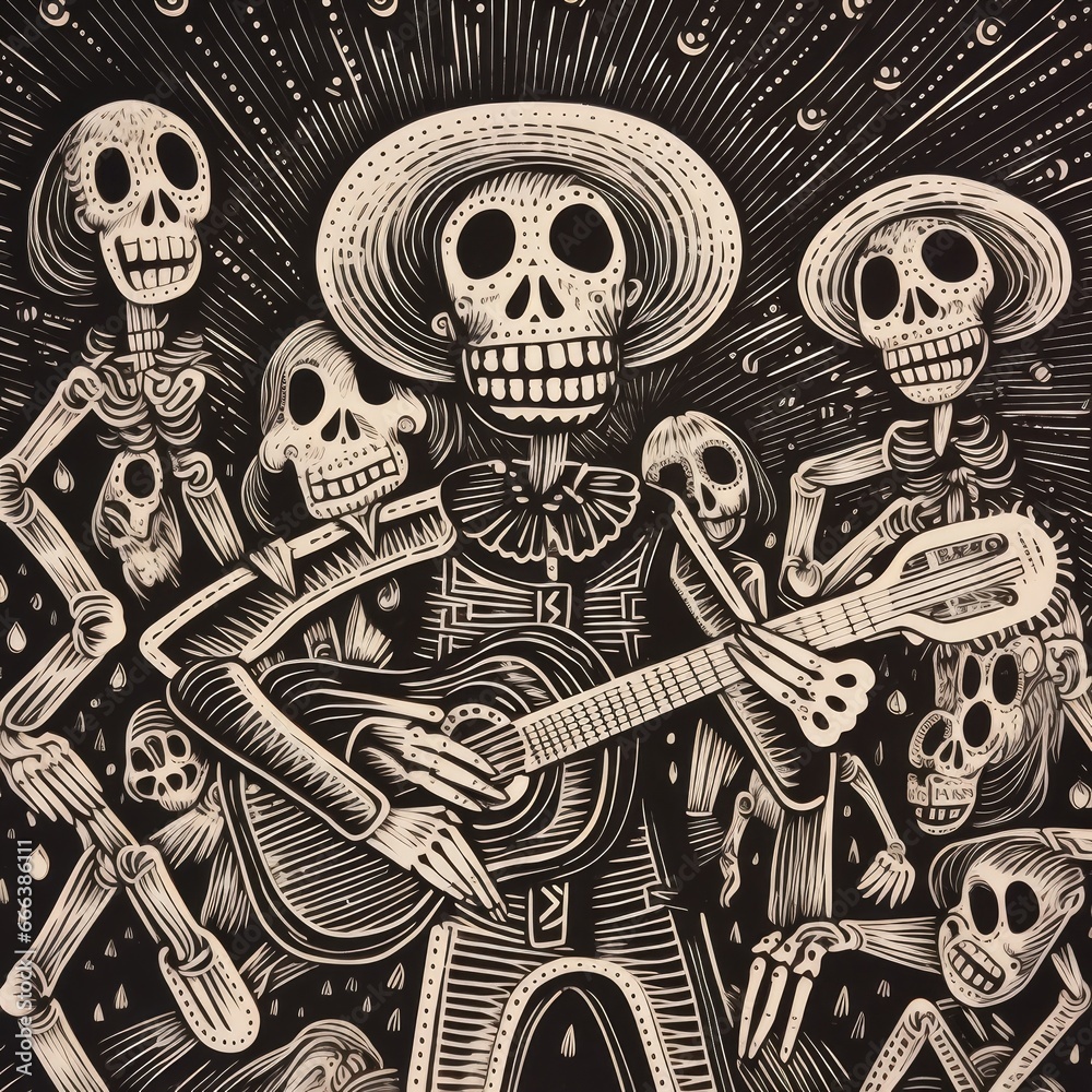 Day of deads, mexico celebration, woodcut print od calaveras skeletons in black and white - obrazy, fototapety, plakaty 