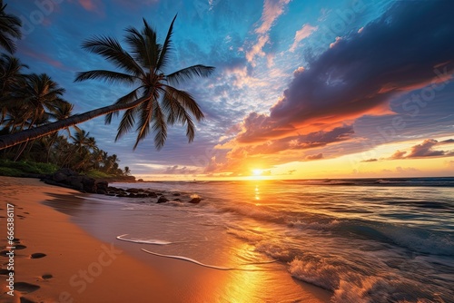 Sunset Beach Images: Tropical Paradise with White Sand and Coco Palms - Capture the Serene Beauty of this Exquisite Coastal Oasis