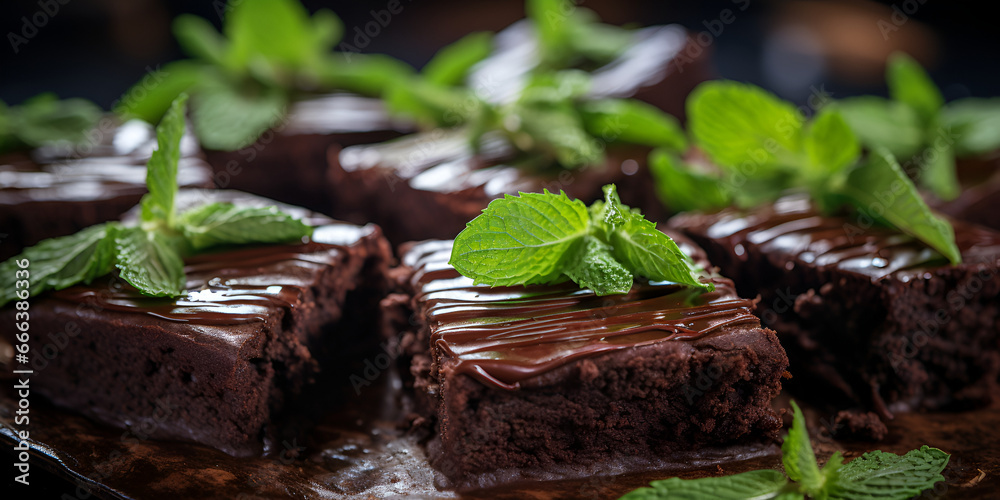 A stack of chocolate brownies on wooden surface with mint leaf on top