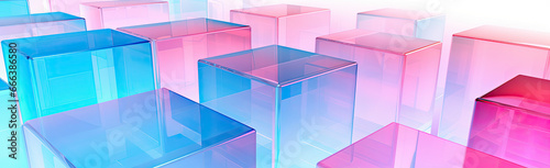 Panoramic texture background with random 3d cubic crystal boxes in bright blue and red colors