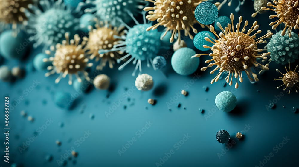 Virus background, Flu,viruses and bacteria shapes against blue background. Close-up of virus cells or bacteria. Concept of science and medicine copy space