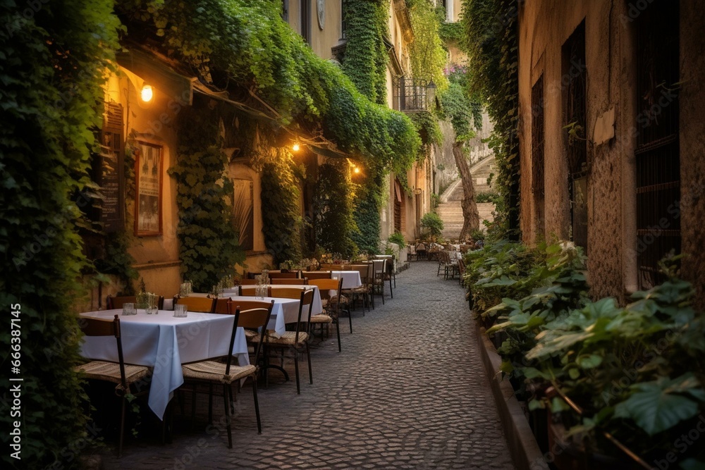 Charming old road in Rome adorned with lush vines and outdoor dining, Italy. Generative AI