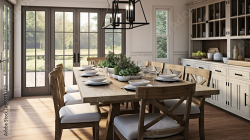 Contemporary farmhouse style dining room featuring