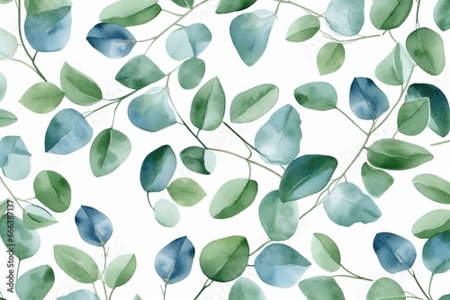 Watercolor eucalyptus leaves pattern on a white background. Generative AI