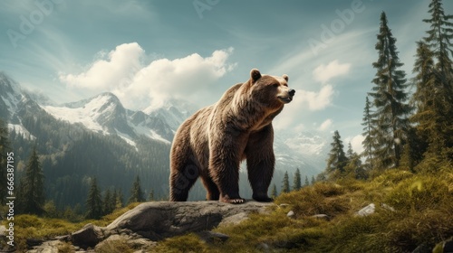Bear on beautiful nature background, Wildlife standing on the rock in the Forest © CYBERUSS