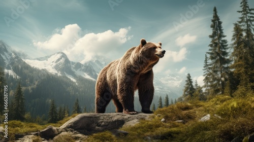 Bear on beautiful nature background, Wildlife standing on the rock in the Forest