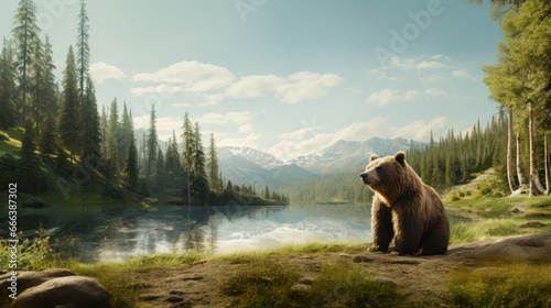 Bear on beautiful nature background, Wildlife standing on the rock in the Forest