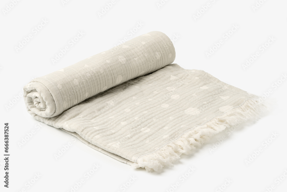 Fototapeta premium Gray muslin blanket for kids on white background