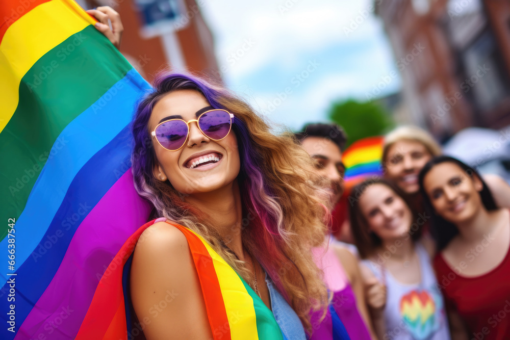 Foto de Powerful image of woman holding rainbow flag in front of diverse group of people. This