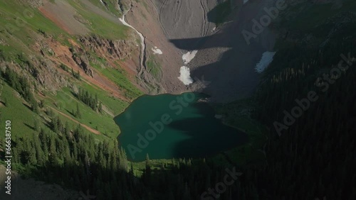 Colorado Blue Lakes Mount Sniffels Wilderness aerial drone cinematic scenic summer San Juans Rocky Mountains Ridgway Dallas Range 14er Million Dollar Highway snow melt peaks pan down to water movement photo