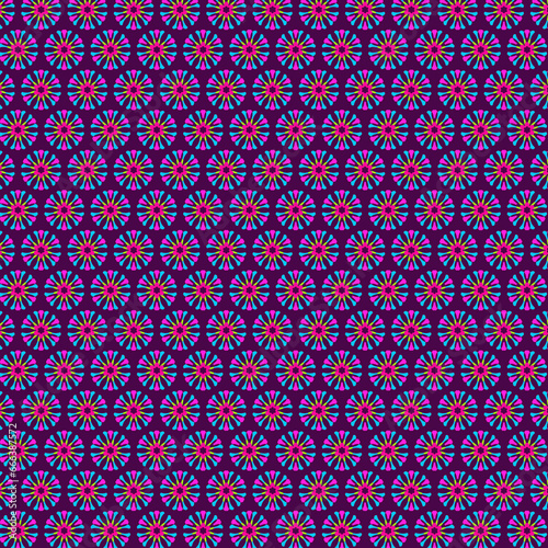 Abstract geometric floral mosaic fabric pattern Vibrant blue, yellow, purple magenta fuchsia motifs 