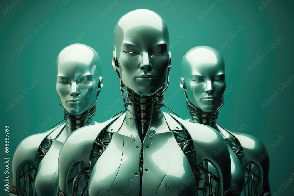 Group of robots standing next to each other. This image can be used to depict teamwork, technology, artificial intelligence, or futuristic concepts. Group of robots standing next to each other. This image can be used to depict teamwork, technology, artificial intelligence, or futuristic concepts.