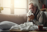 A sick old man blows his nose with a handkerchief in the living room