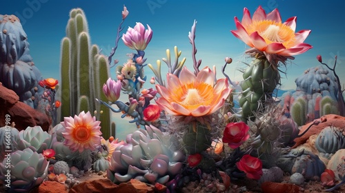 A desert cactus blooming with unexpected, vibrant flowers.