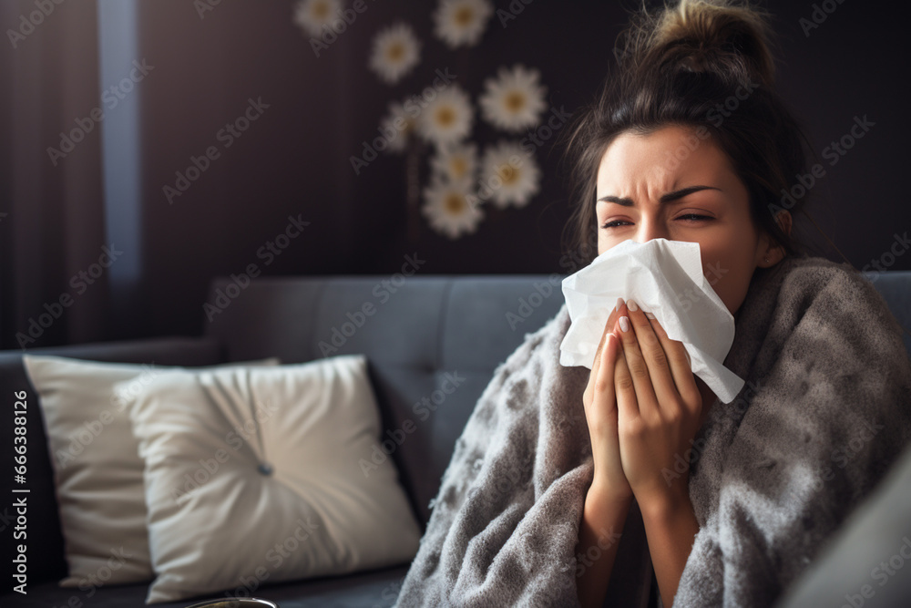 A sick woman blows her nose with a handkerchief in the living room A sick woman blows her nose with a handkerchief in the living room