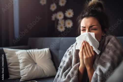 A sick woman blows her nose with a handkerchief in the living room photo