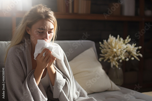 A sick woman blows her nose with a handkerchief in the living room