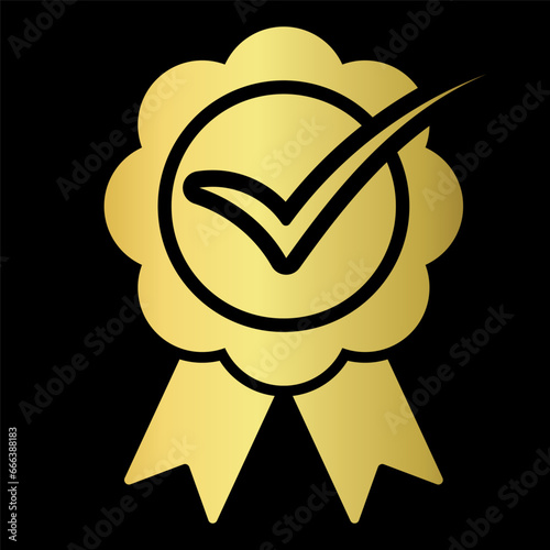 Golden check mark icon, gold certification seal