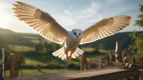 Big barn owl flying in fligh, Barn owl Tyto alba on aesthetic scenery background photo