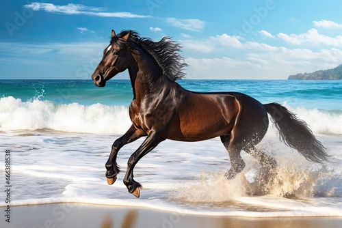 Wave of the Sea on the Sand Beach: Horse on Beach - A Captivating Coastal Image