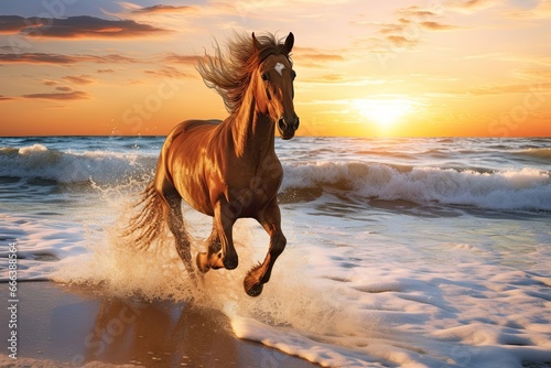 Wave of the Sea on the Sand Beach  Majestic Horse on Beach