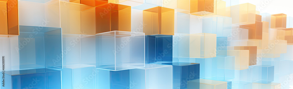 Panoramic texture background with random 3d cubic crystal boxes in bright blue and yellow colors Panoramic texture background with random 3d cubic crystal boxes in bright blue and yellow colors