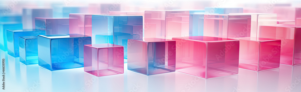 Panoramic texture background with random 3d cubic crystal boxes in bright blue and red colors Panoramic texture background with random 3d cubic crystal boxes in bright blue and red colors