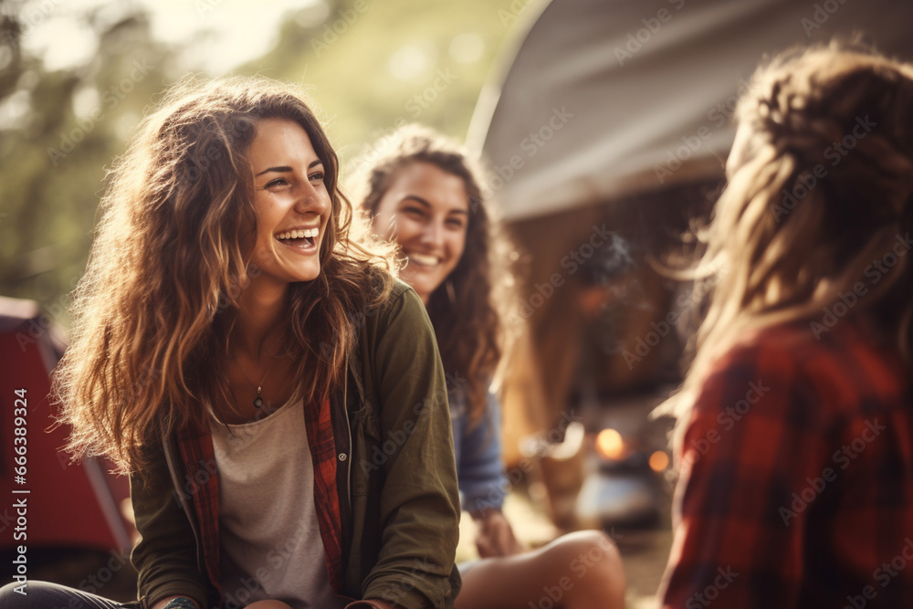 A group of female tourists are having a picnic and talking in the forest during the daytime A group of female tourists are having a picnic and talking in the forest during the daytime
