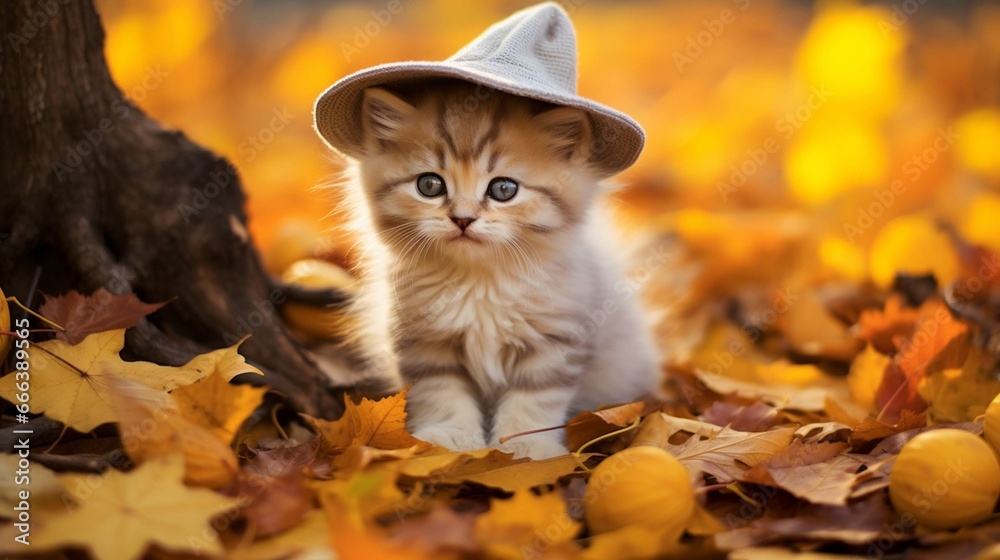 A cute little kitten is wearing a hat, posing in an autumn park among fallen yellow leaves