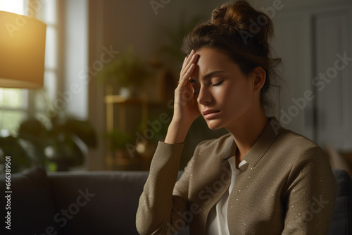 Sick woman having a headache in the living room during the daytime
