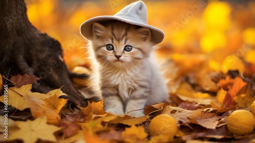 A cute little kitten is wearing a hat, posing in an autumn park among fallen yellow leaves