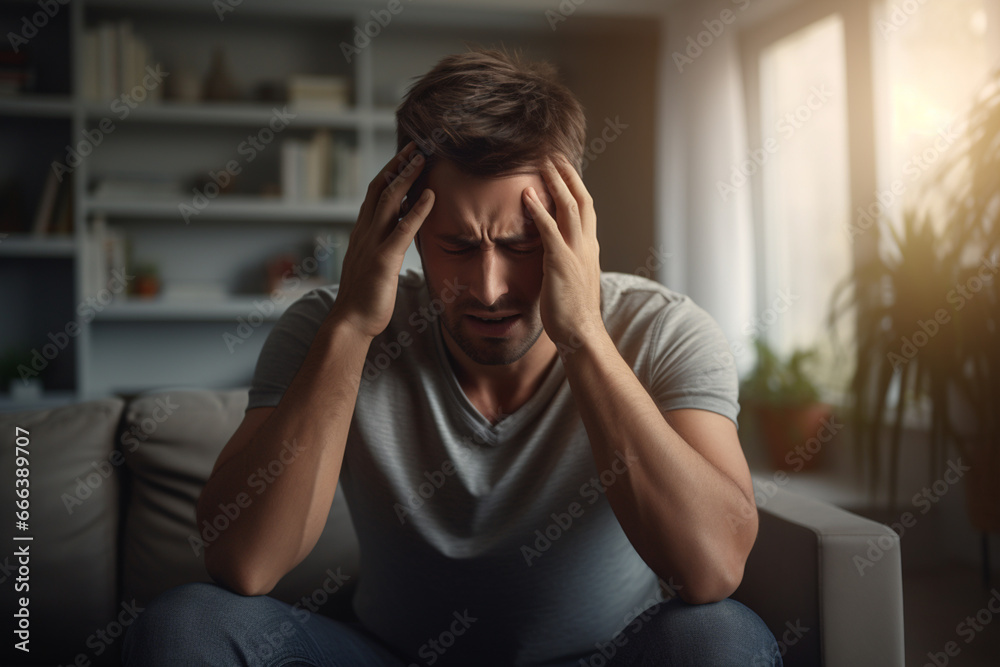 Sick man having a headache in the living room during the daytime Sick man having a headache in the living room during the daytime