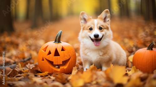 Cute dog with orange coat and a carved pumpkin outdoor