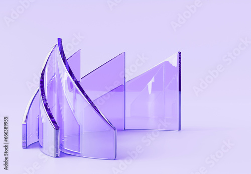 Fototapeta Naklejka Na Ścianę i Meble -  3d render abstract glass purple geometric background. Transparent crystal curved triangle plates, hologram gradient frames with layered effect, stage with plastic or acrylic shapes. 3D illustration