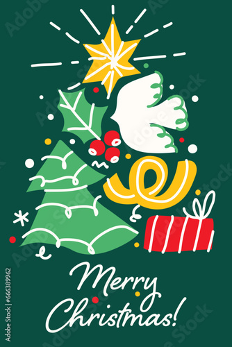 Christmas greeting card with stylish hand drawn elements like Christmas tree, gift and dove. Elegant vector illustration with holiday retro decor for seasonal design