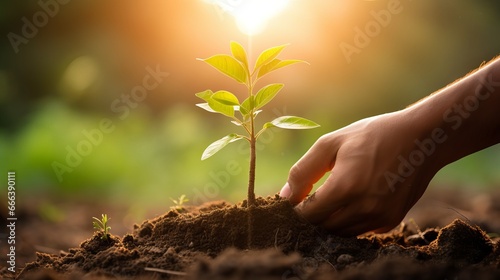 Close-up of two hands gently planting a young tree sapling into the ground photo