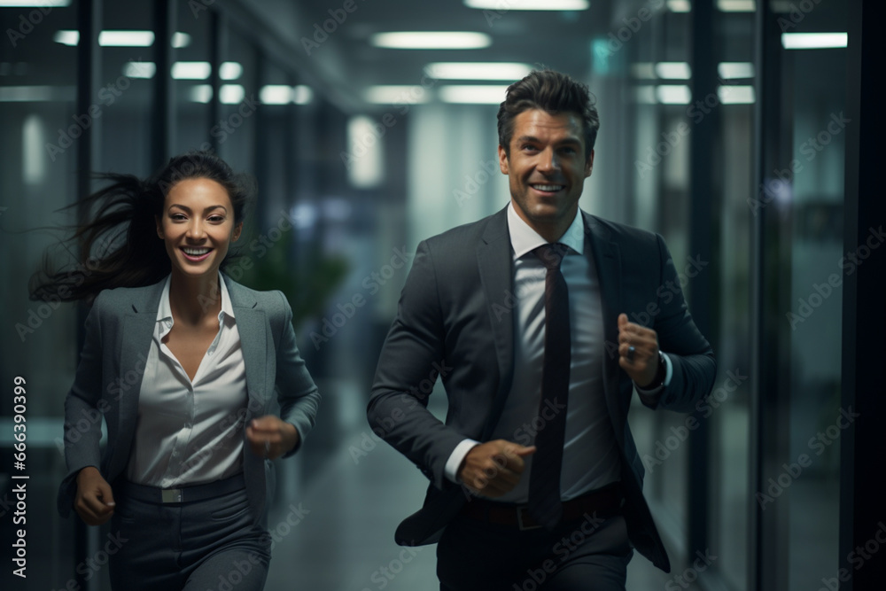 Smiling couple businessman running to work with inspiration in advertising concept Smiling couple businessman running to work with inspiration in advertising concept