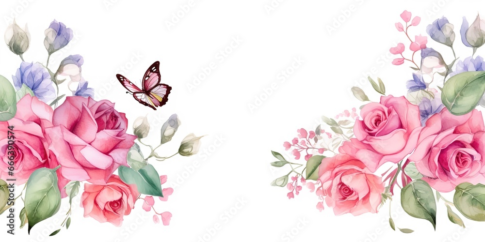 watercolor painting of pink roses and flying butterflies watercolor painting of pink roses and flying butterflies
