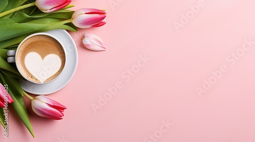 colorful spring tulip and a cup of hot coffee latte background. mothers day valentine copy space concept
