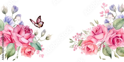 watercolor painting of pink roses and flying butterflies © candra