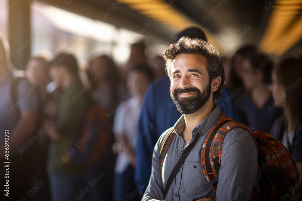 Obraz premium male tourist standing and smiling at a train station full of people