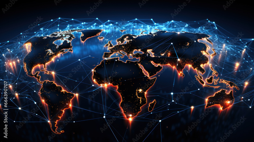 A world map displaying a global communication network interconnecting around the world,Communications hub, conceptual illustration,World and communicate. - obrazy, fototapety, plakaty 