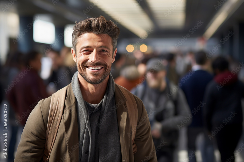 male tourist standing and smiling at a train station full of people male tourist standing and smiling at a train station full of people