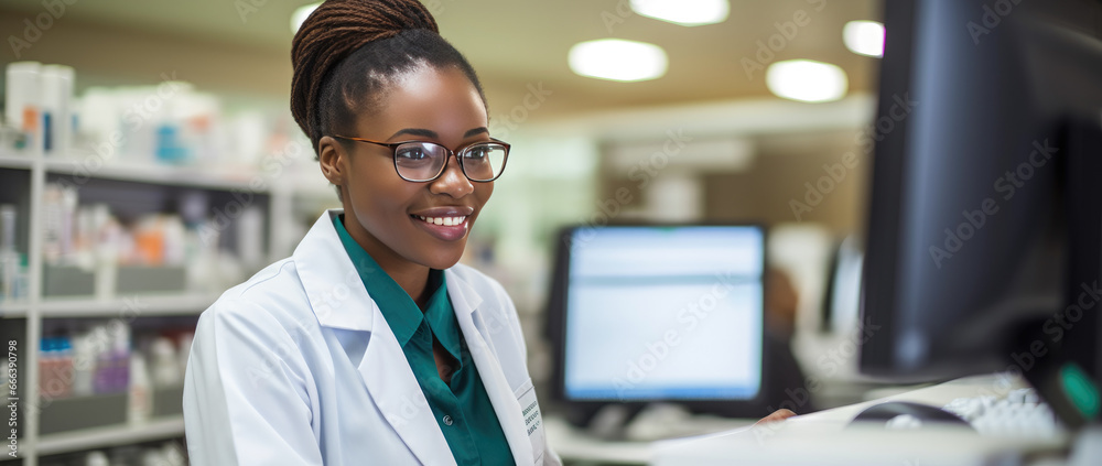 Young african american female pharmacist working for a pharmaceutical company portrait - obrazy, fototapety, plakaty 