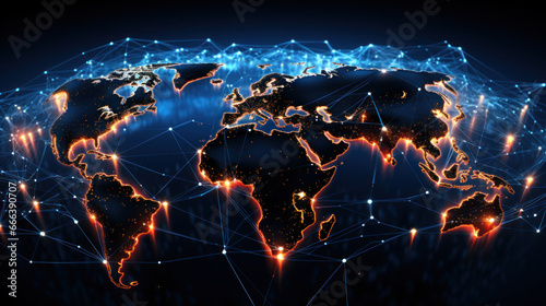 A world map displaying a global communication network interconnecting around the world,Communications hub, conceptual illustration,World and communicate.