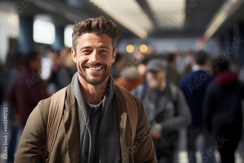 male tourist standing and smiling at a train station full of people