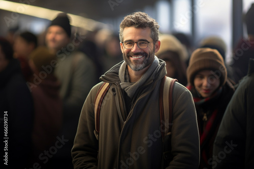 male tourist standing and smiling at a train station full of people