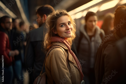 female tourist standing and smiling at a train station full of people