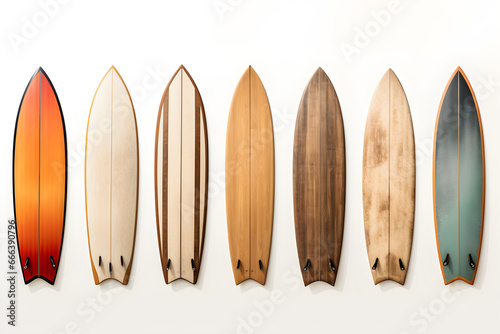 Vintage wooden fishboard surfboards isolated on white background with clipping path, photo